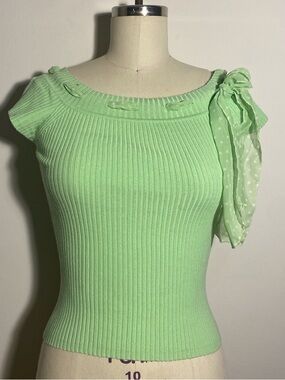 Light Green Ribbed Knit Top with Polka Dot Shoulder Tie